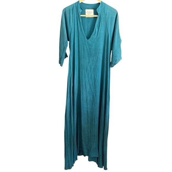 BOHEMIAN LOVERS | Peacock Blue Long Gauze Split Neck Caftan Beach Dress | Medium - Picture 1 of 7